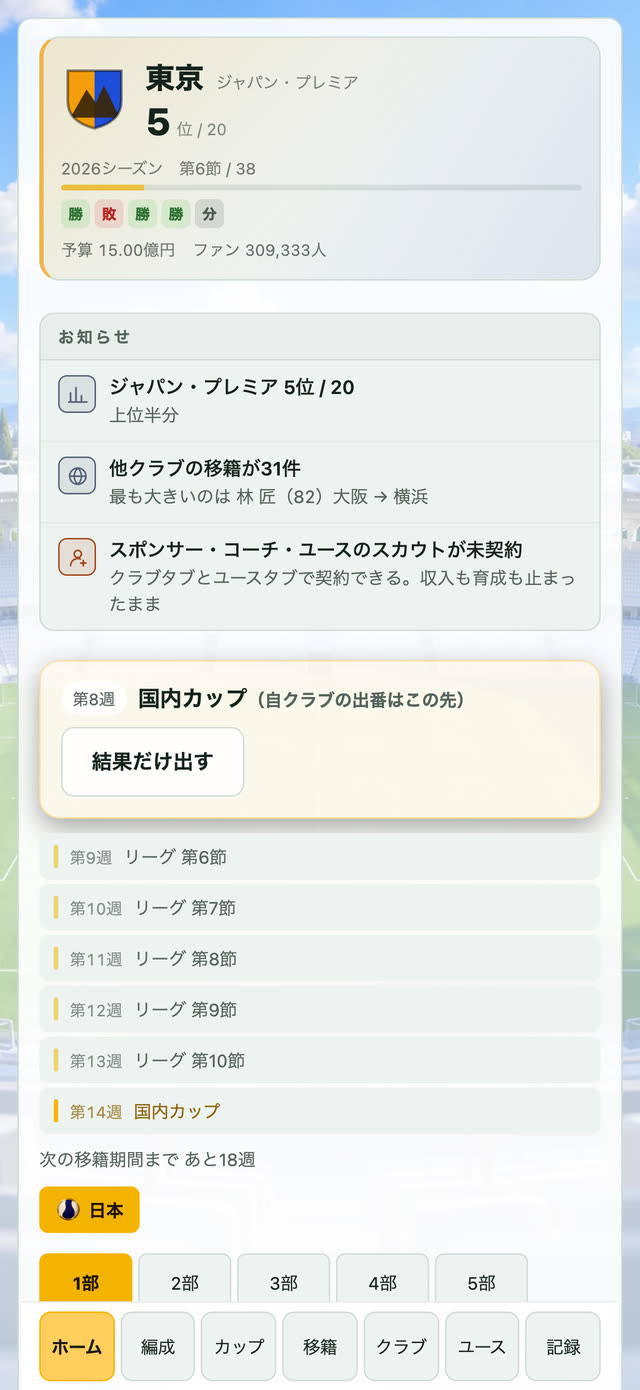 クラブのホーム画面
